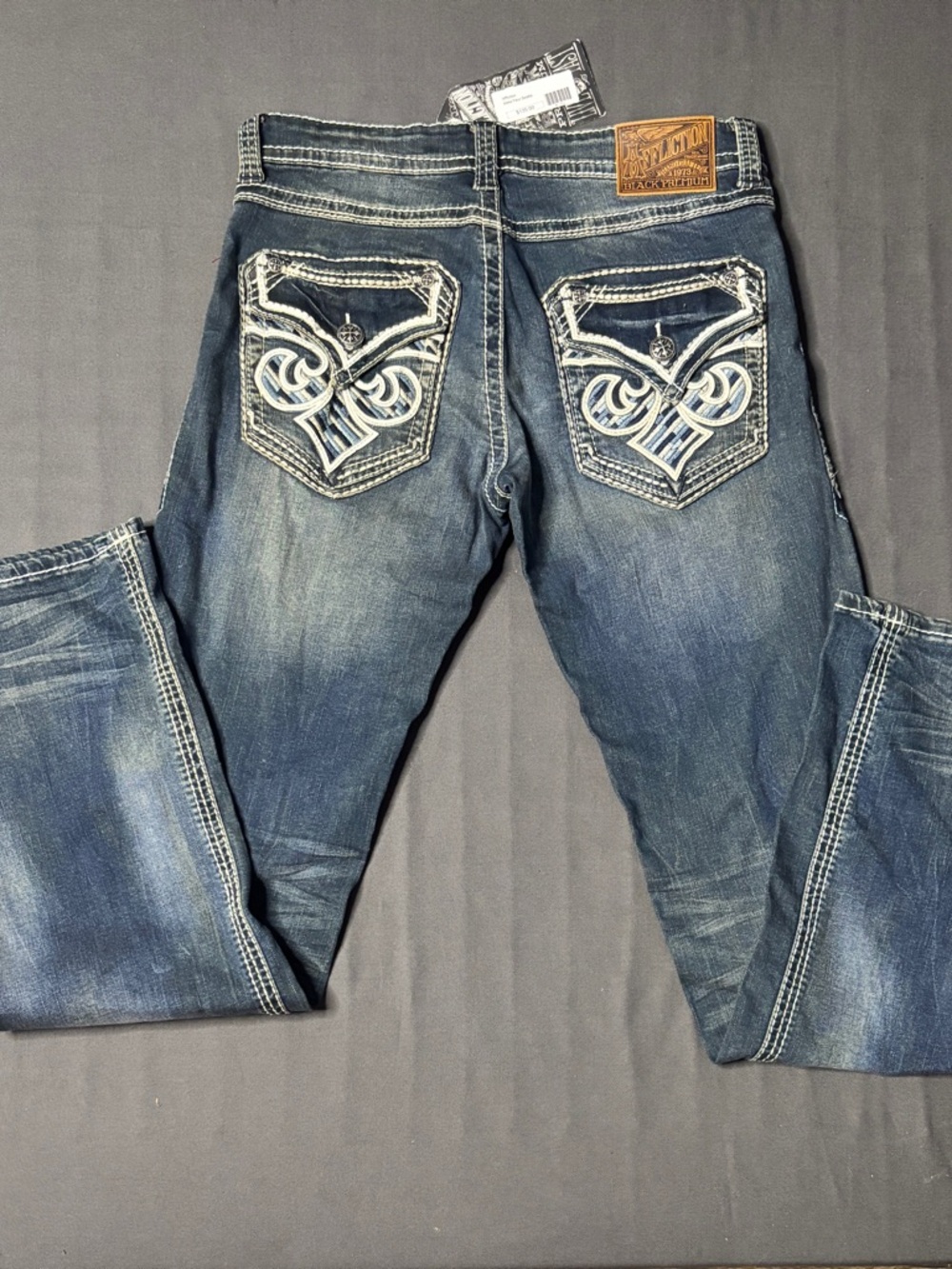 AFFLICTION Blake Fleur Seattle  Distressed Blue Embroidered Pocket Jeans 30X32